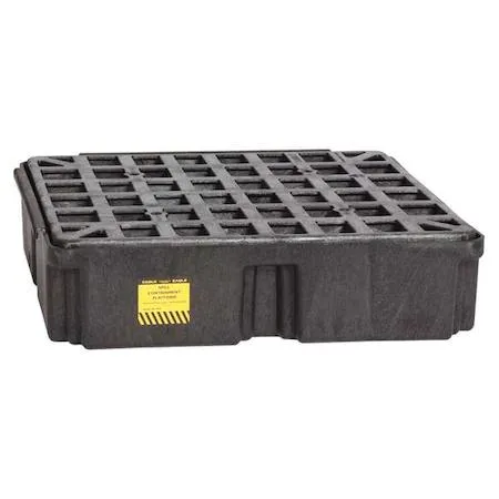 Black low-profile polyethylene spill deck with removable grate, 26 1/4 in square, 15 gal sump