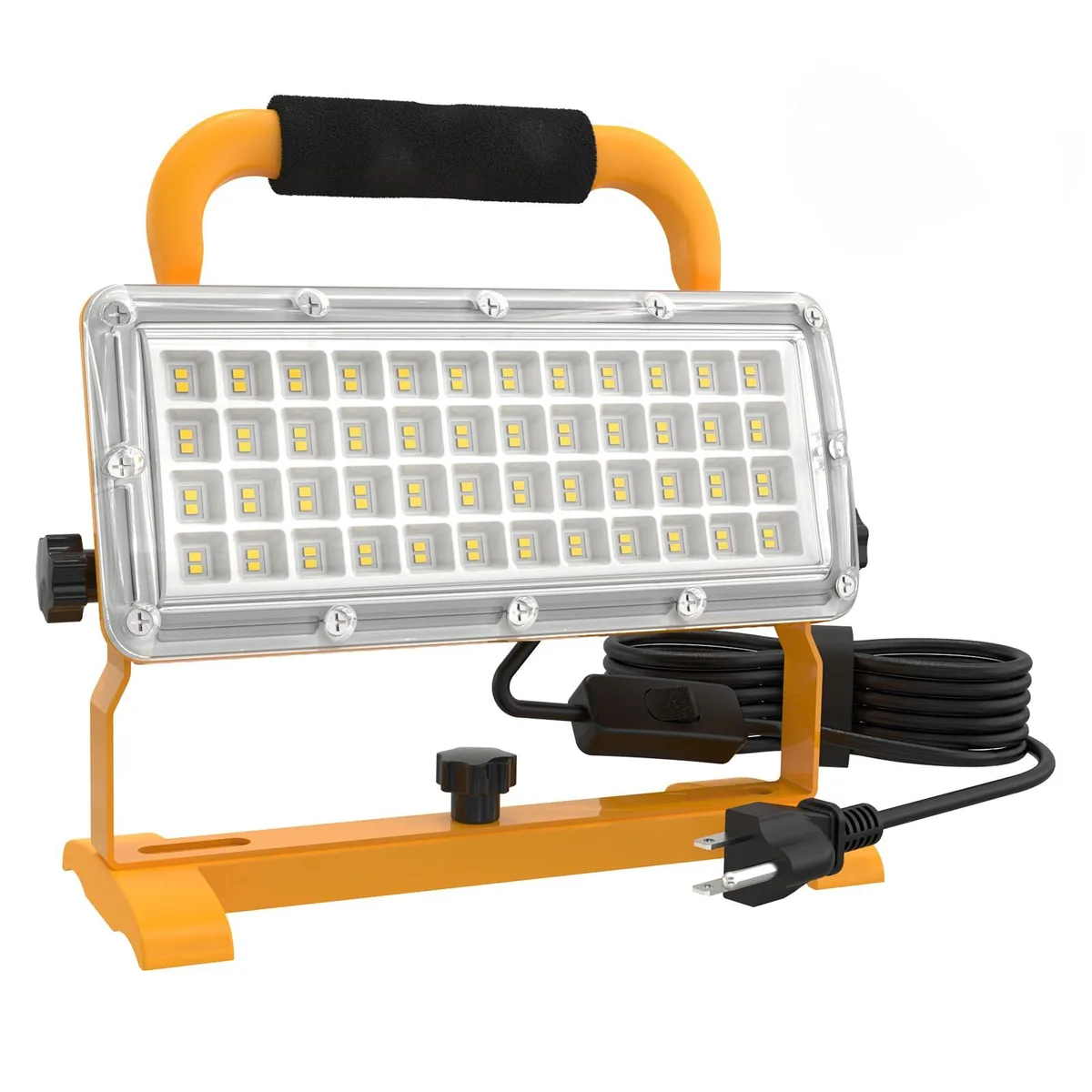 Rectangular LED floodlight on metal stand, die-cast aluminium housing, clear lens, 10 ft cord with switch