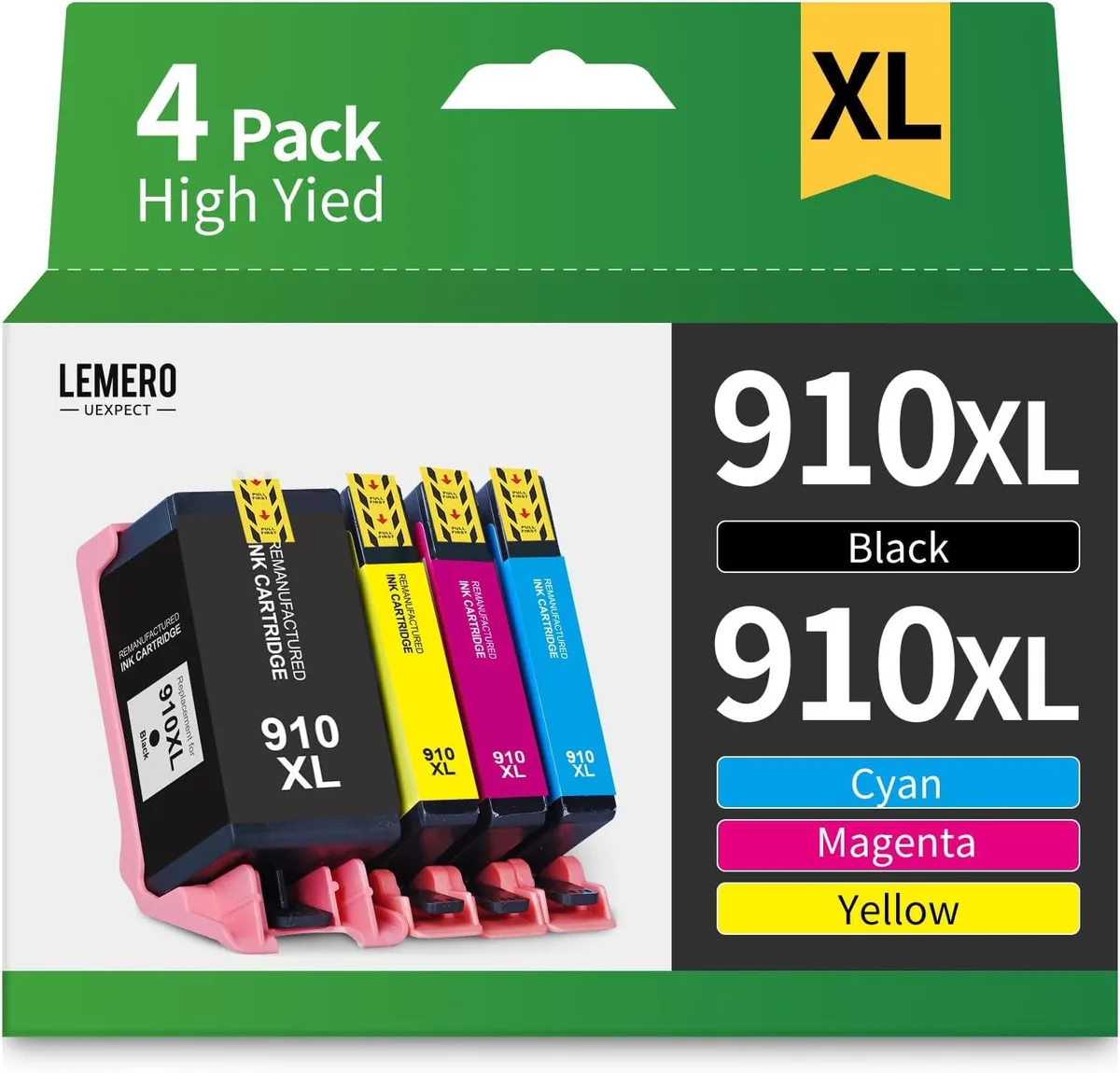 Four sealed ink cartridges in black cyan magenta yellow