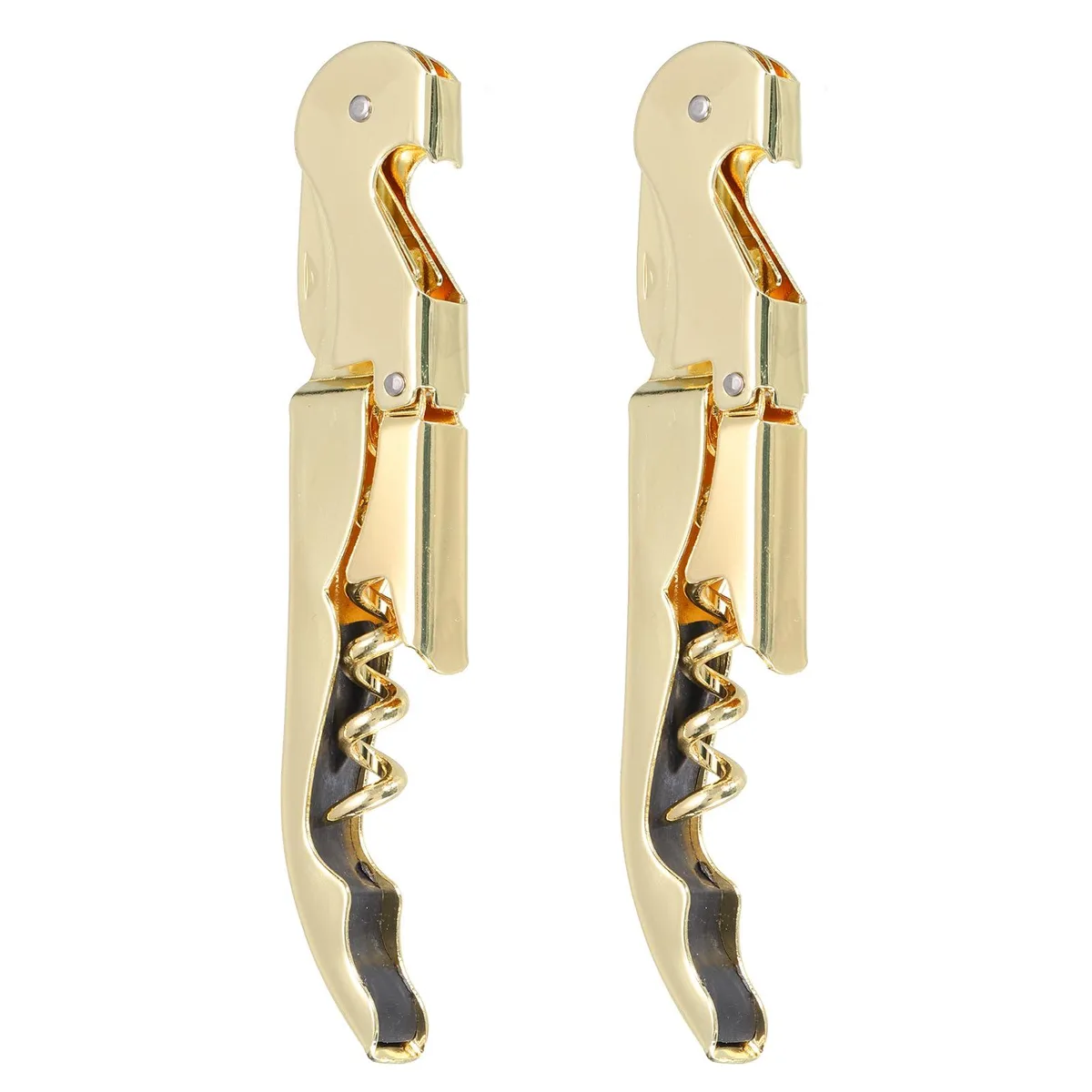 Two gold waiter corkscrews with double hinges and foil cutters