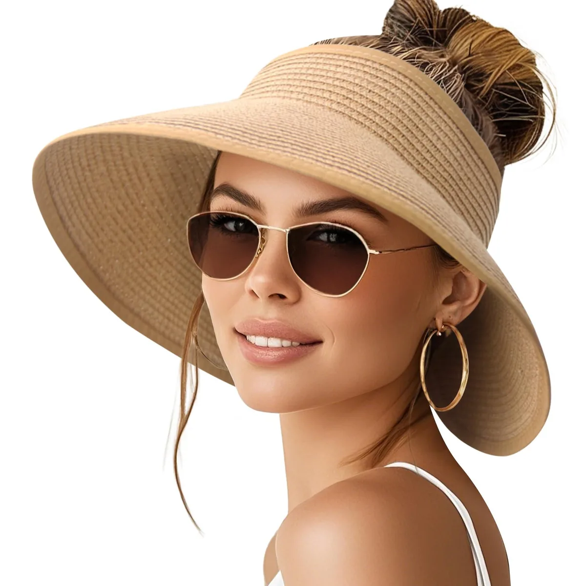  NPQQUAN Ponytail Hole Sun Hat Khaki UPF 50+ — product photo