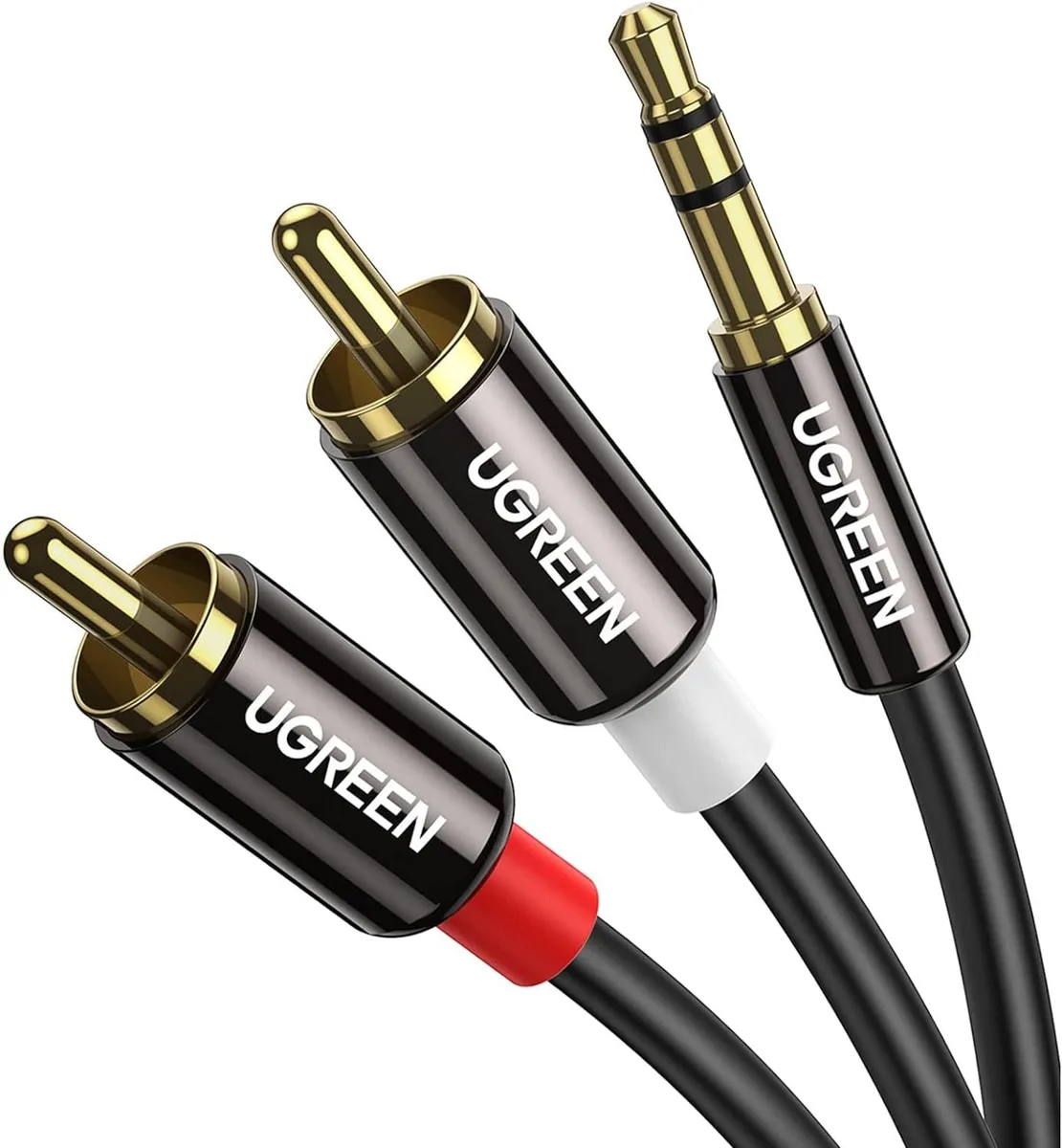 A 10ft black cable with a 3.5mm plug splitting into red and white RCA plugs, gold connectors, PVC jacket