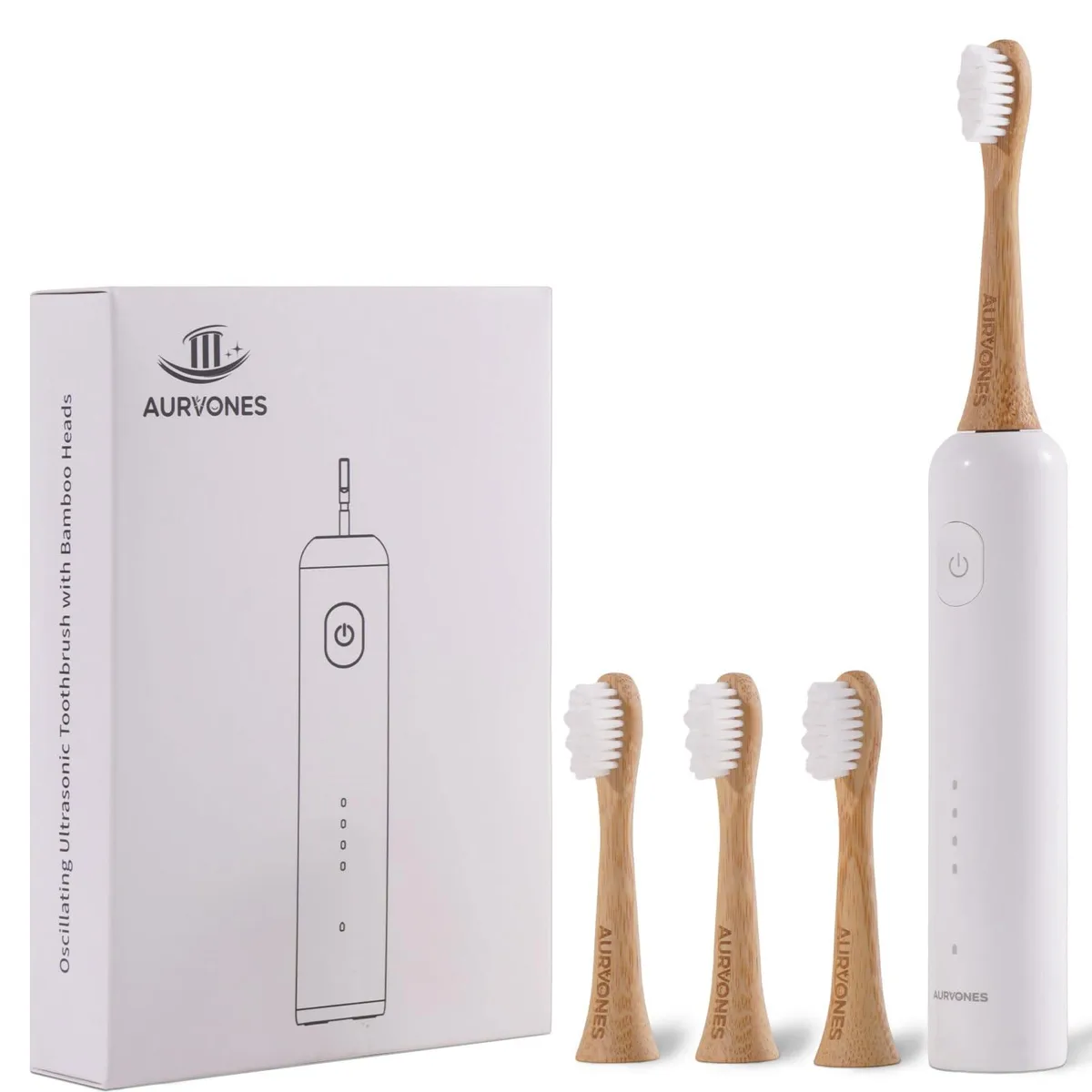 White electric toothbrush with bamboo heads, slim handle, charging base not shown