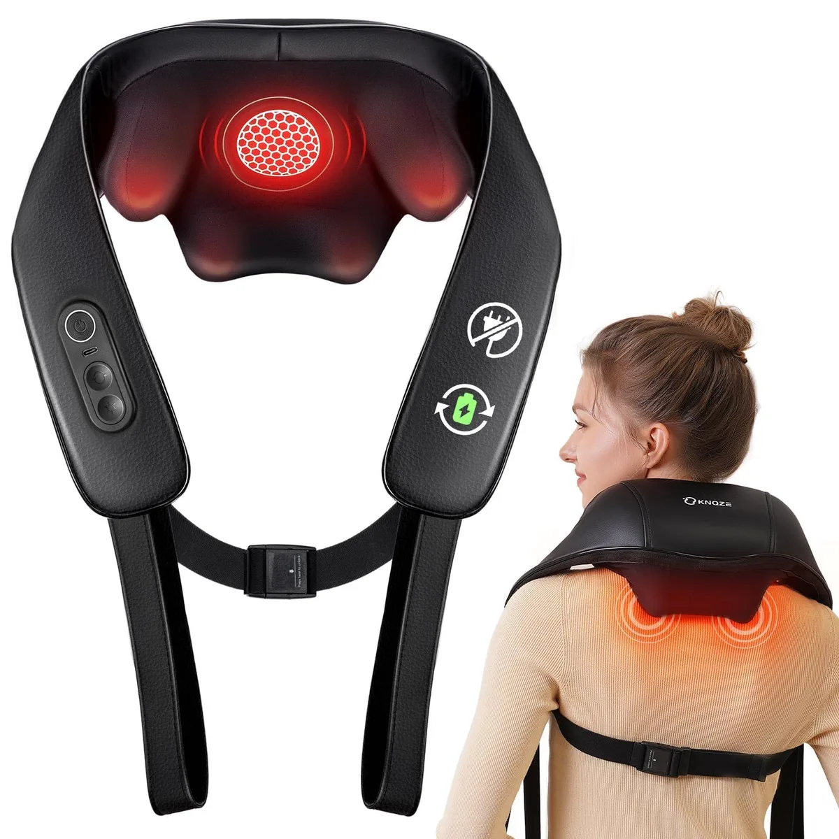 Blue wrap-around neck massager with cross-back straps and clasp, mesh fabric finish