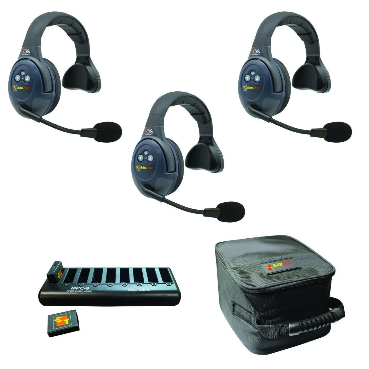 Three single-ear wireless headsets with adjustable padded headbands, matte black finish
