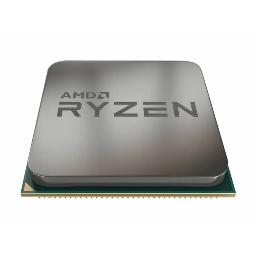 Square green ceramic chip with gold contacts and silver metal heatspreader engraved with Ryzen 9 7900X