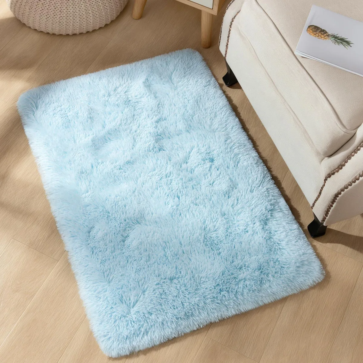 Light blue rectangular microfiber rug with fluffy shaggy pile, 2x3 feet
