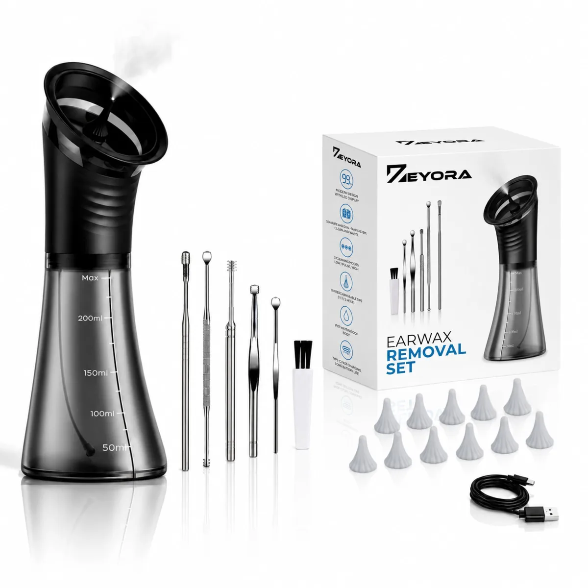 Black electric ear cleaner with LED display and dual tanks
