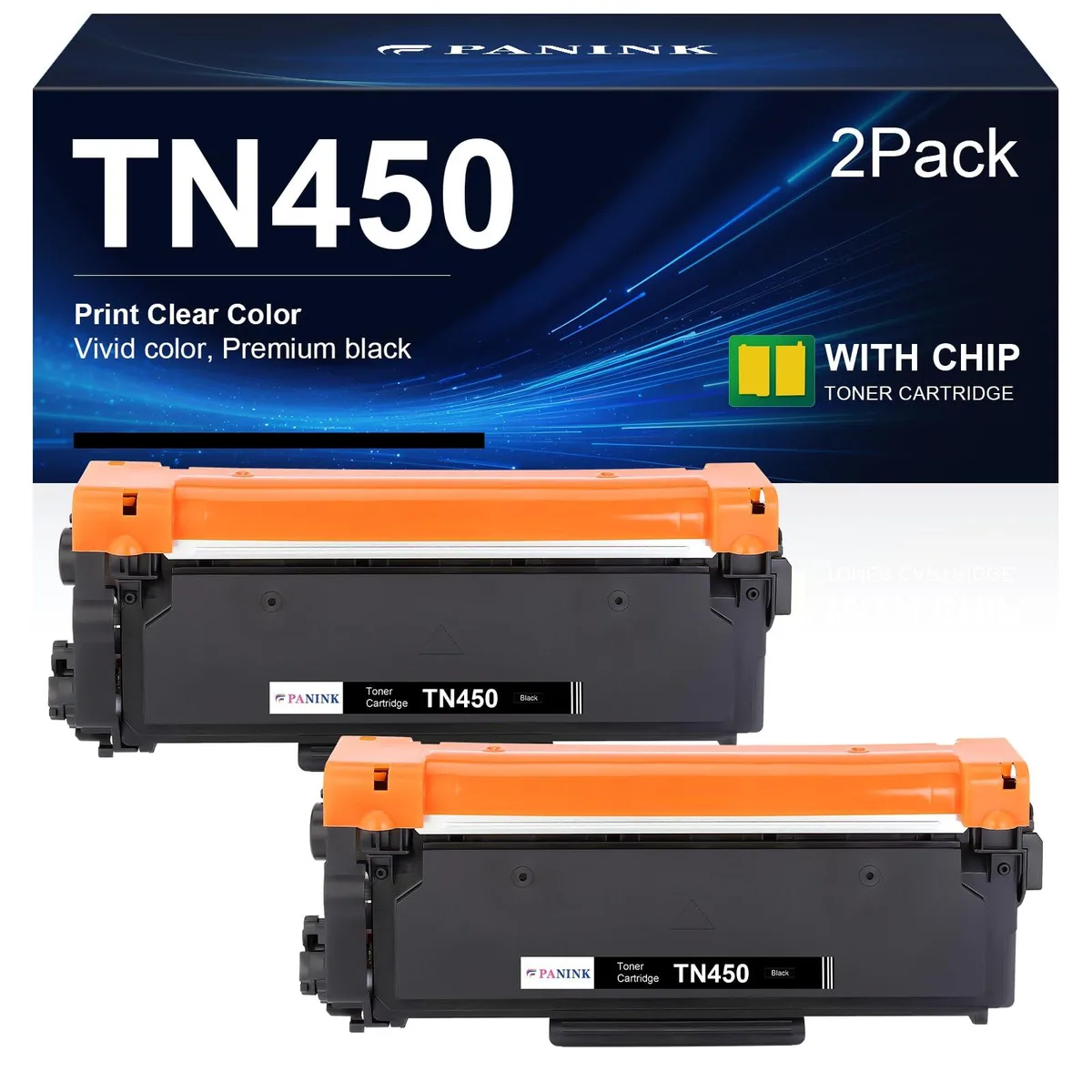 Two black toner cartridges in a rectangular box, rectangular shape, matte finish