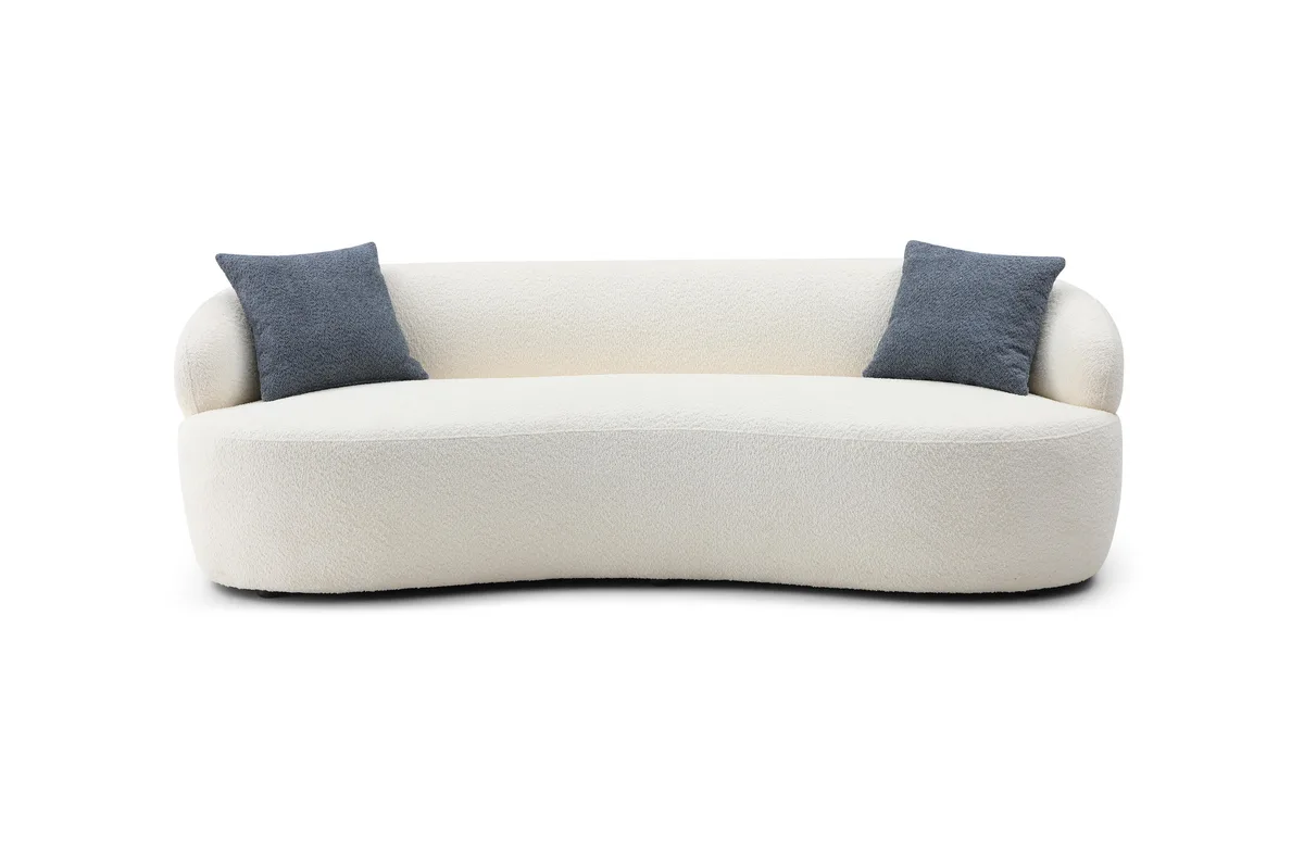 Beige curved three-seat sofa in boucle fabric, mid-century modern style