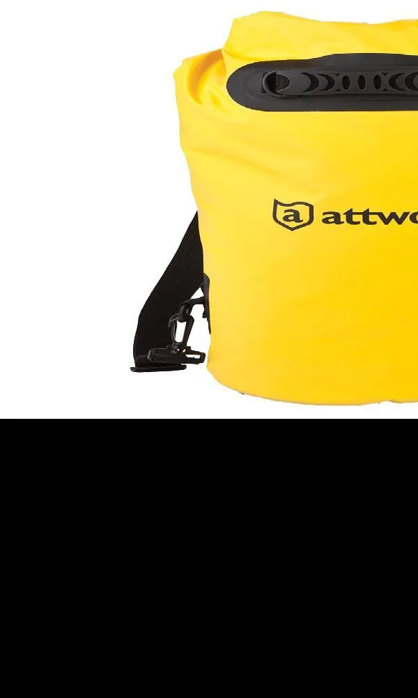 Yellow cylindrical dry bag with carry handle and shoulder strap