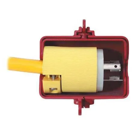 Red thermoplastic rotating plug lockout device with safety labels