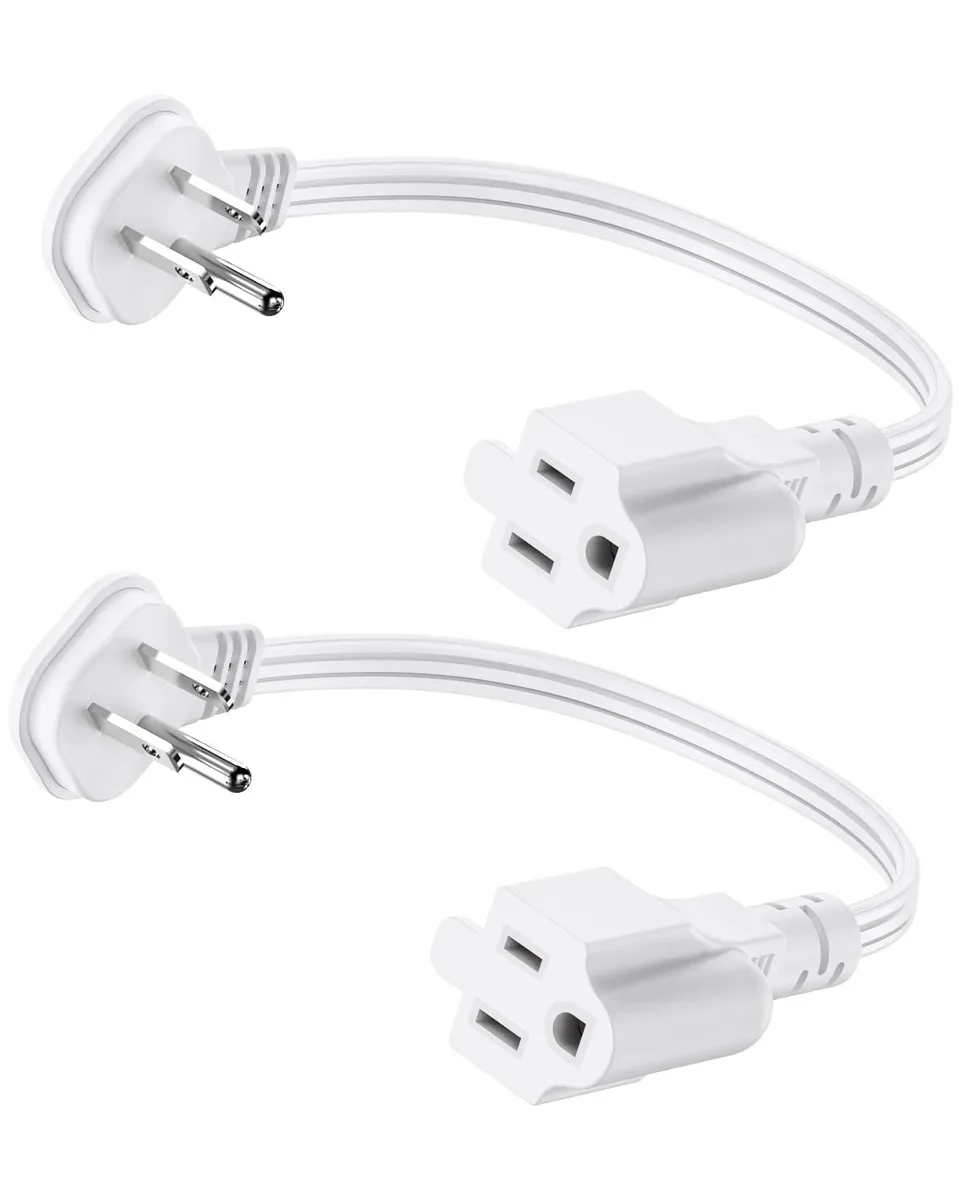  Flat Plug 1ft Extension Cord White 90-Degree 16AWG 13A 1625W 2 Pack — product photo