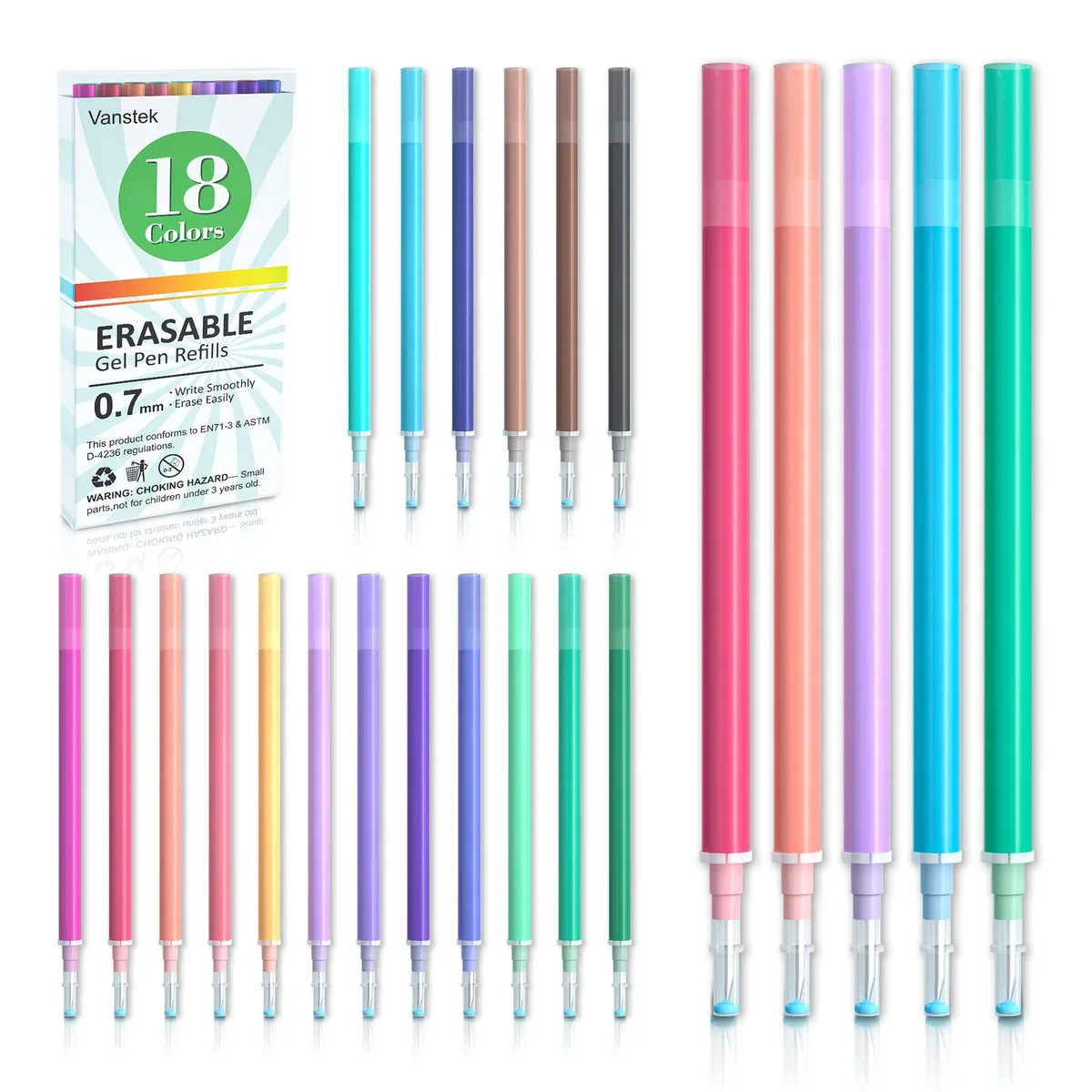 Pack of 18 erasable gel pen refills in assorted colors, fine 0.7mm tips