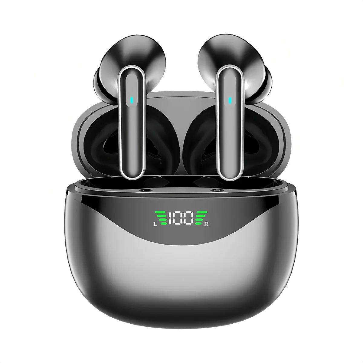Black in-ear wireless earbuds with charging case showing dual LED display