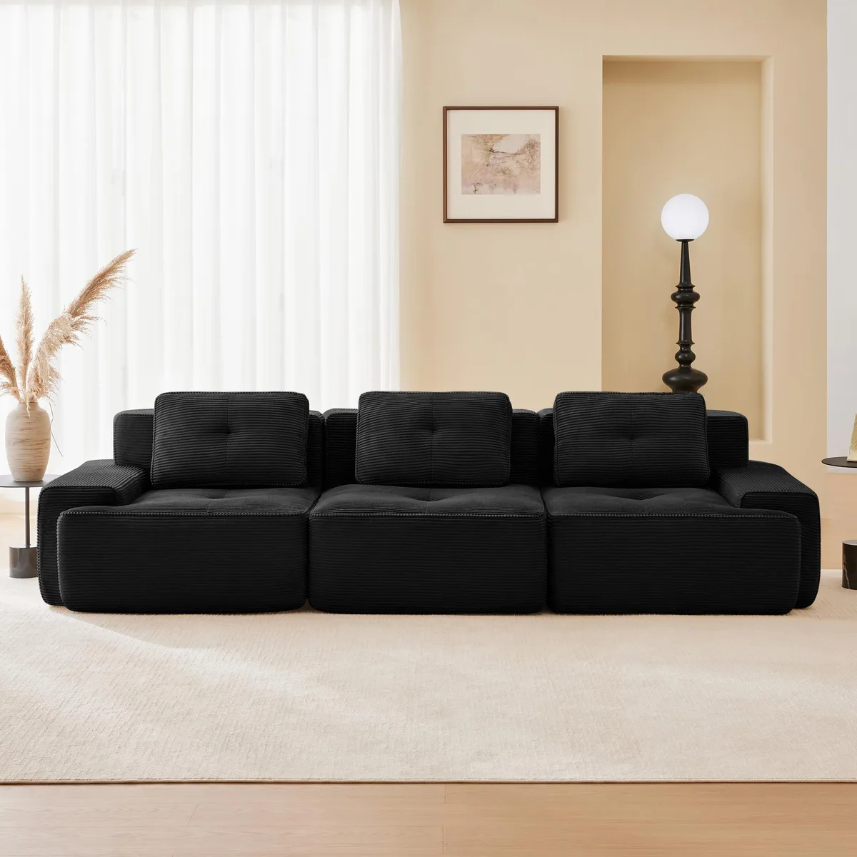 Black corduroy modular sectional sofa, 117 inches wide, deep seat, tufted design with pearl-like piping