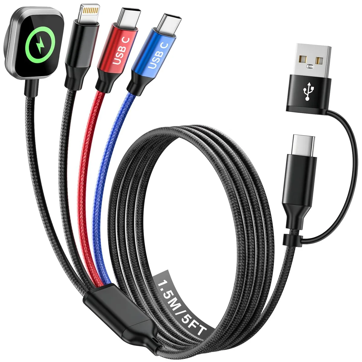 Multi-coloured braided cable with dual USB-C, USB-A, Lightning and watch charger connectors