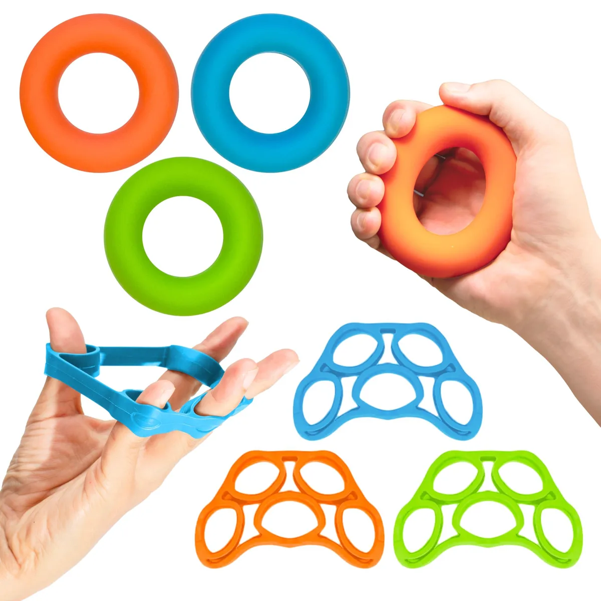 Black silicone hand-grip and finger-stretcher kit, six pieces