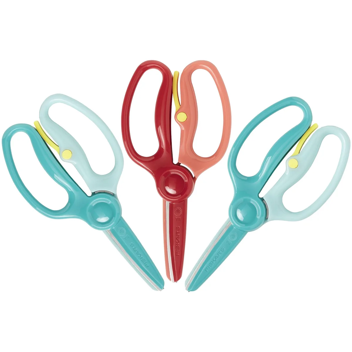 Three pairs of small plastic-handled safety scissors in turquoise and red with blunt metal blades and spring lever