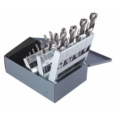 Clear case holding fifteen silver drill bits in graduated sizes