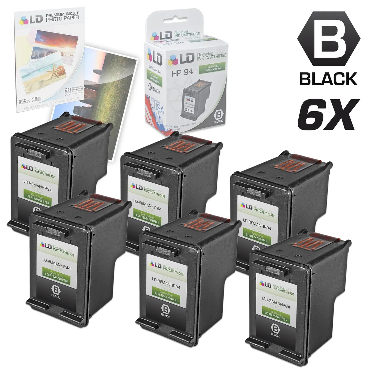 LD Products LD Products HP 94 C8765WN Black Ink Cartridge 6 Pack + 20 Photo Paper — product photo