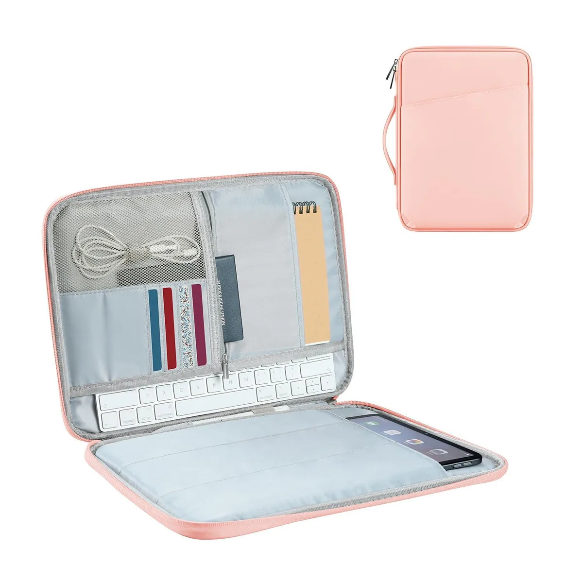 Pink polyurethane tablet sleeve with handle and front pocket