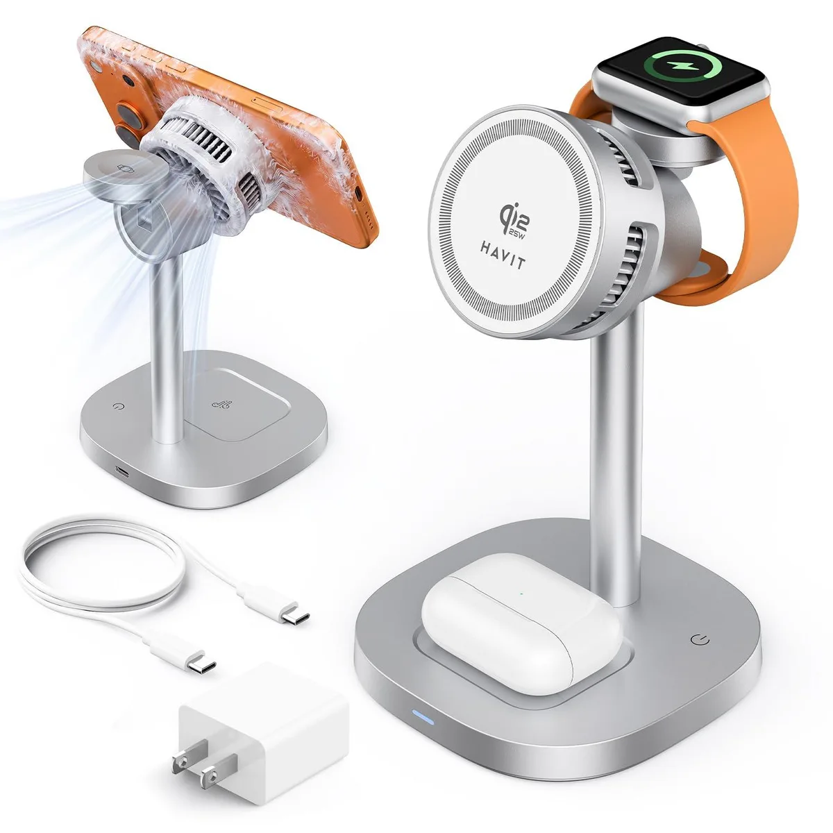 havit 3-in-1 Qi2.2 25W Magnetic Charging Station with Active Cooling Silver — product photo