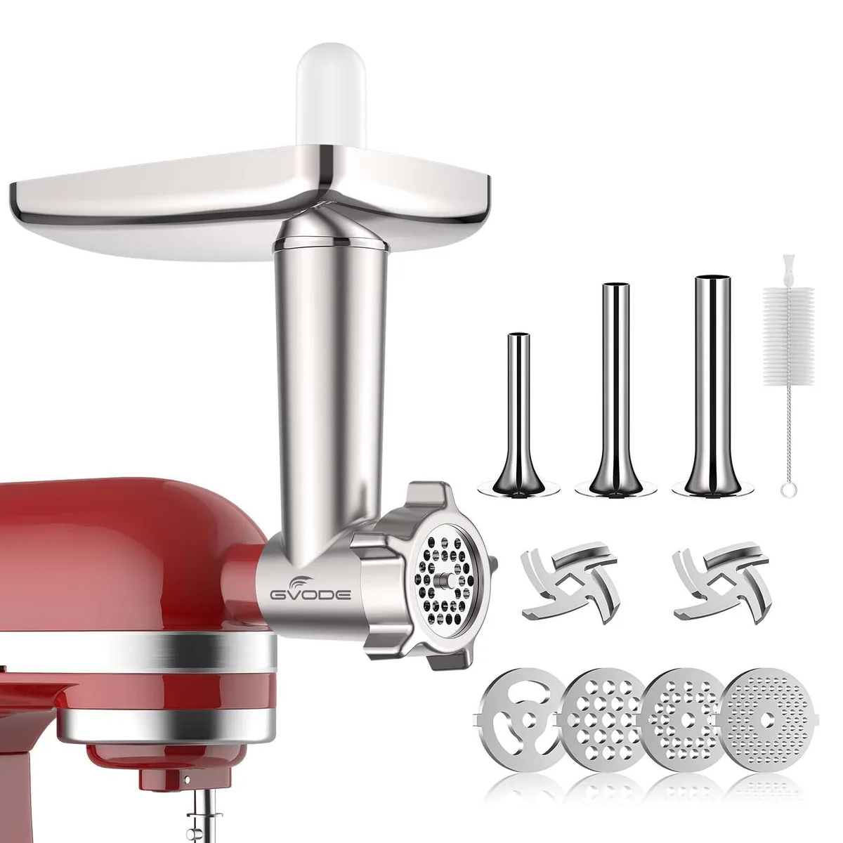 Silver aluminum meat grinder attachment with multiple plates and sausage tubes