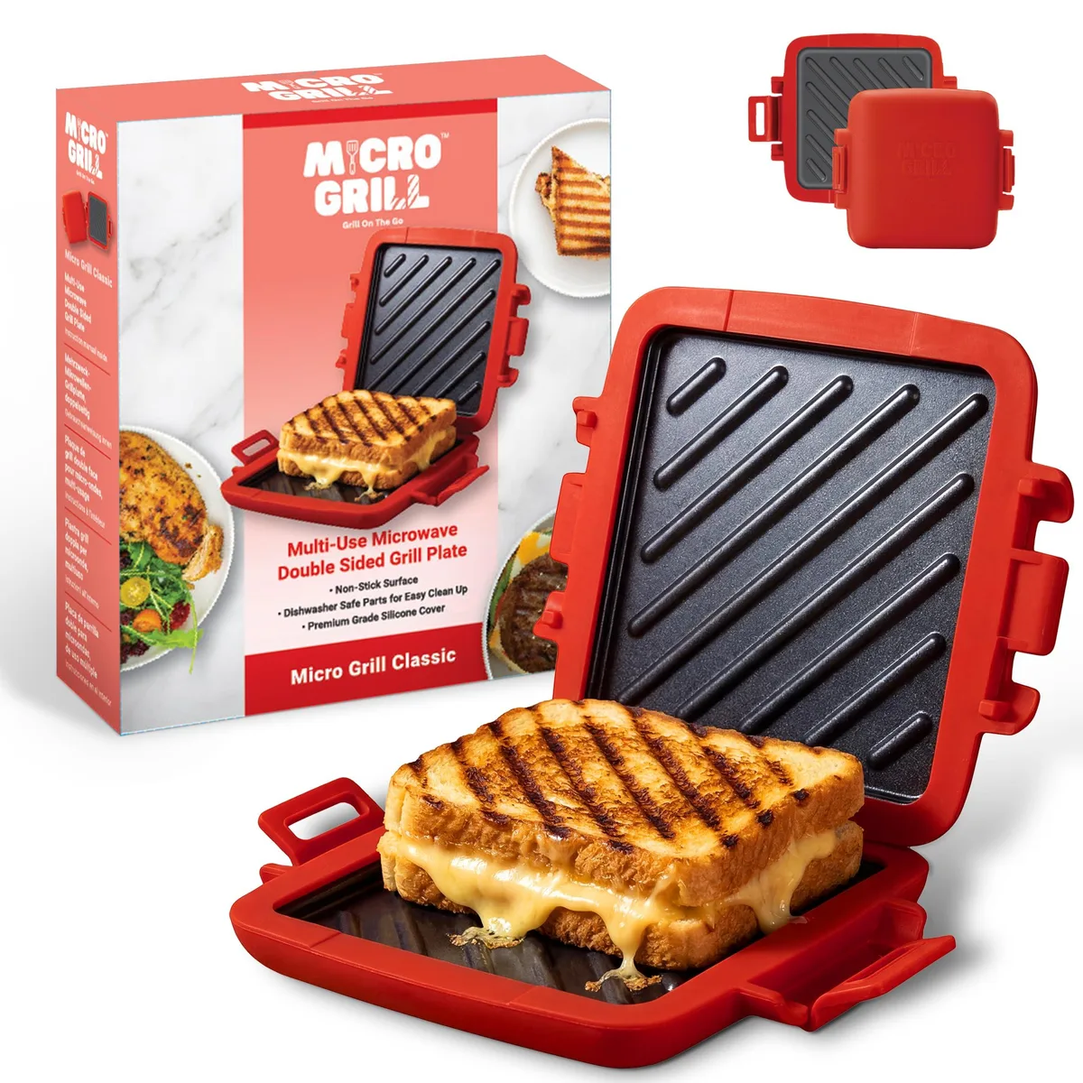 Purple microwave sandwich press with silicone cover, compact rectangular shape