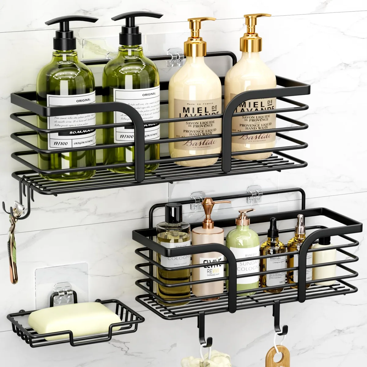 Three black stainless steel shower caddies with soap holder and hooks adhesive mounted on wall