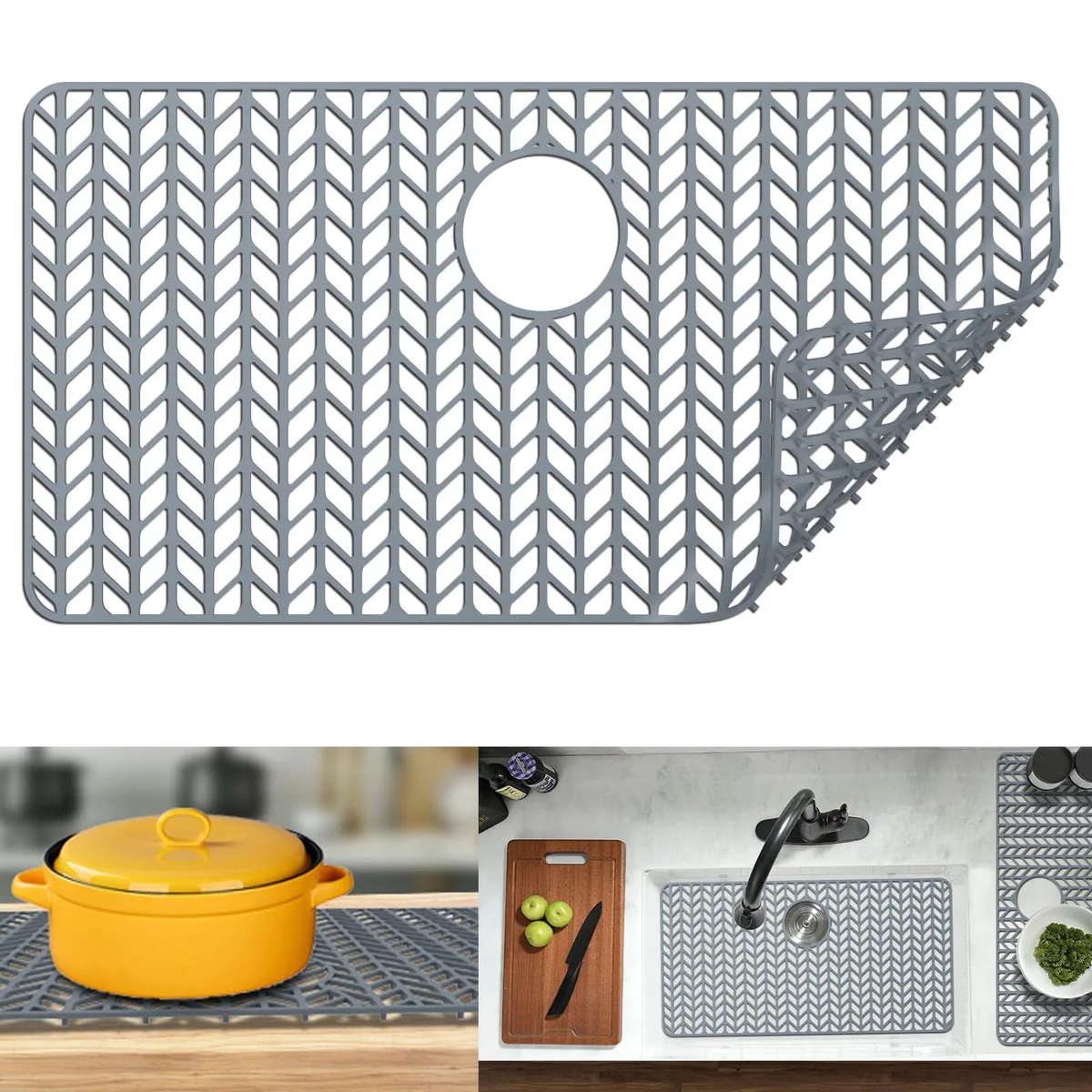 Rectangular grey silicone sink mat with raised feet and centre drain opening