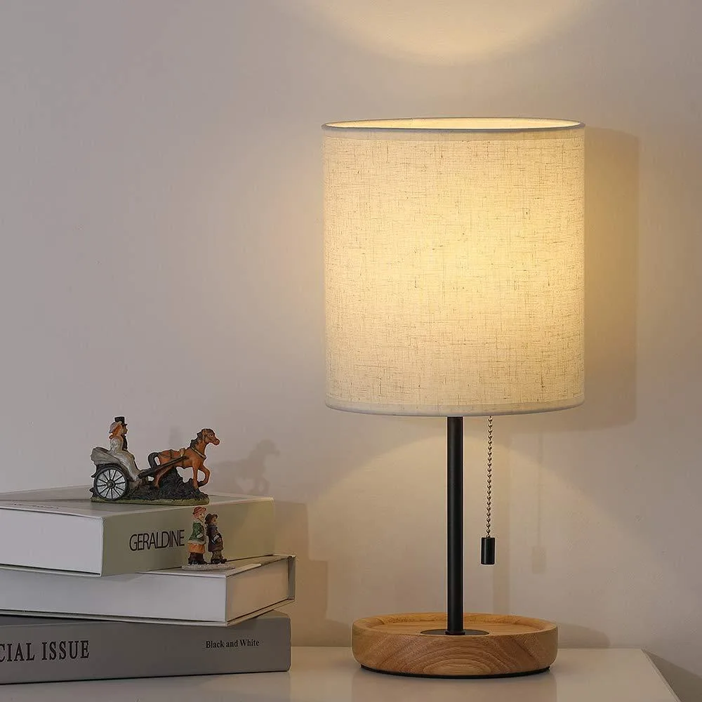 Modern table lamp with painted wood base, linen shade, pull-chain switch and 6.1 ft cord