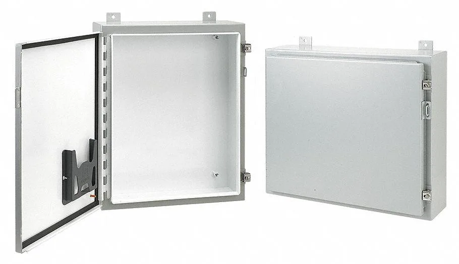 Gray powder-coated carbon steel wall-mount enclosure with hinged solid cover and screw-down clamps