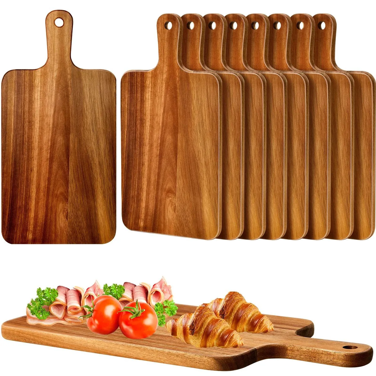 Ten rectangular acacia cutting boards with handles, light wood finish