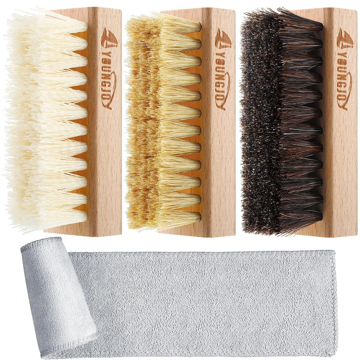Three wooden-handled shoe brushes with yellow bristles and a microfiber cloth
