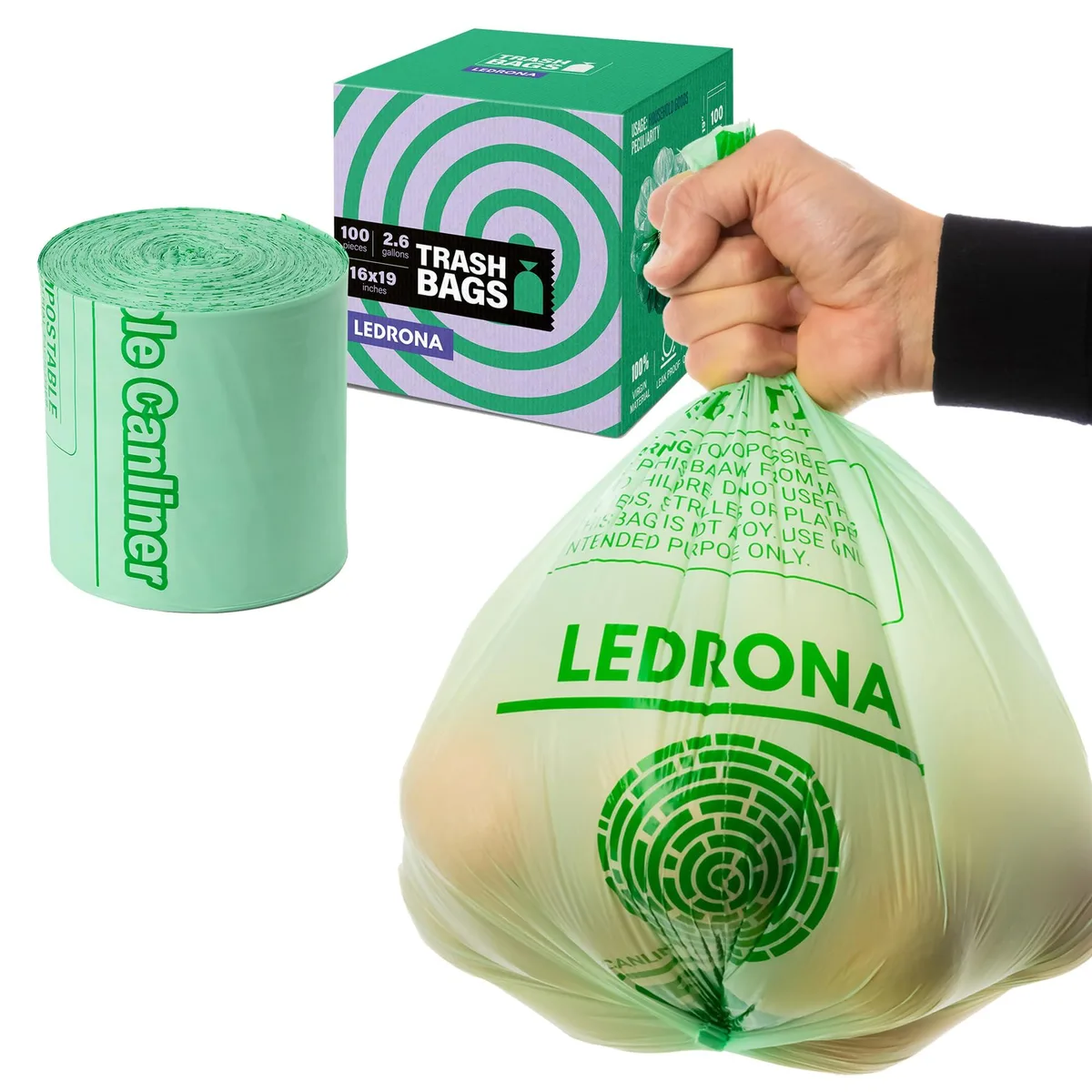 White compostable garbage bags in a 100 count pack for 2.6 gallon bins