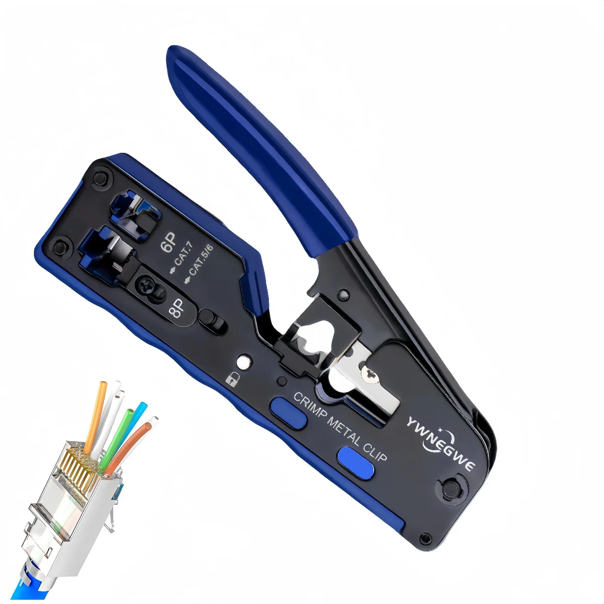 Red Klein Tools RJ45 crimp kit with compact all-in-one tool and spare blades