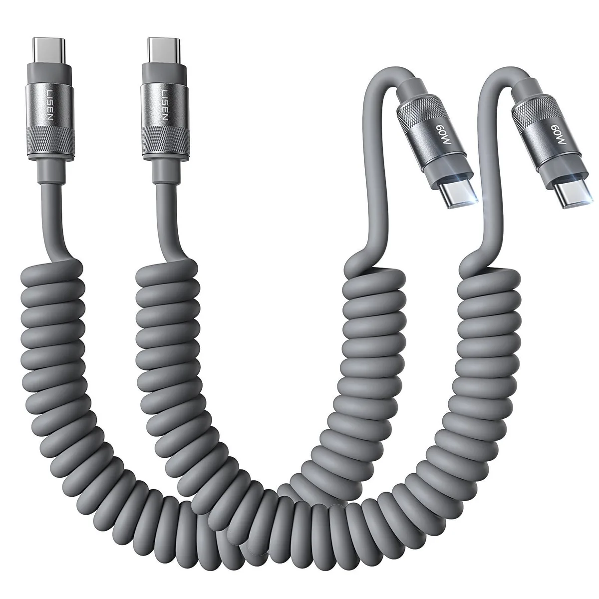 Coiled USB-C cable in space gray, retracted to about one foot