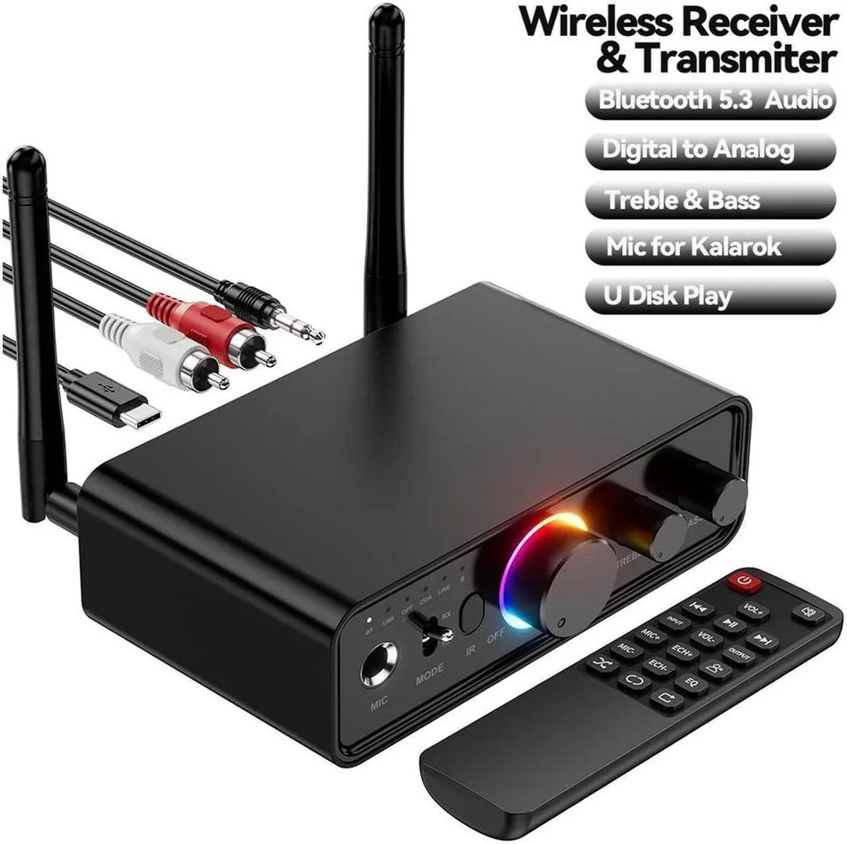 Vszerda Vszerda Bluetooth 5.3 Audio Receiver Transmitter 3.5mm RCA Optical Coaxial USB 6.5mm Mic Knob RGB — product photo