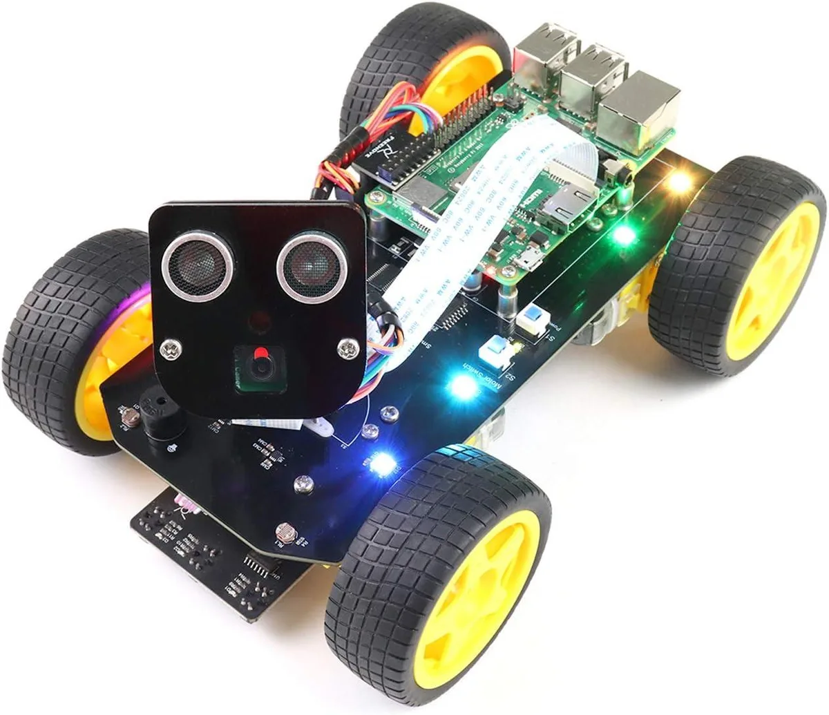 Unassembled 4WD robot car kit with chassis, wheels, camera and servo components