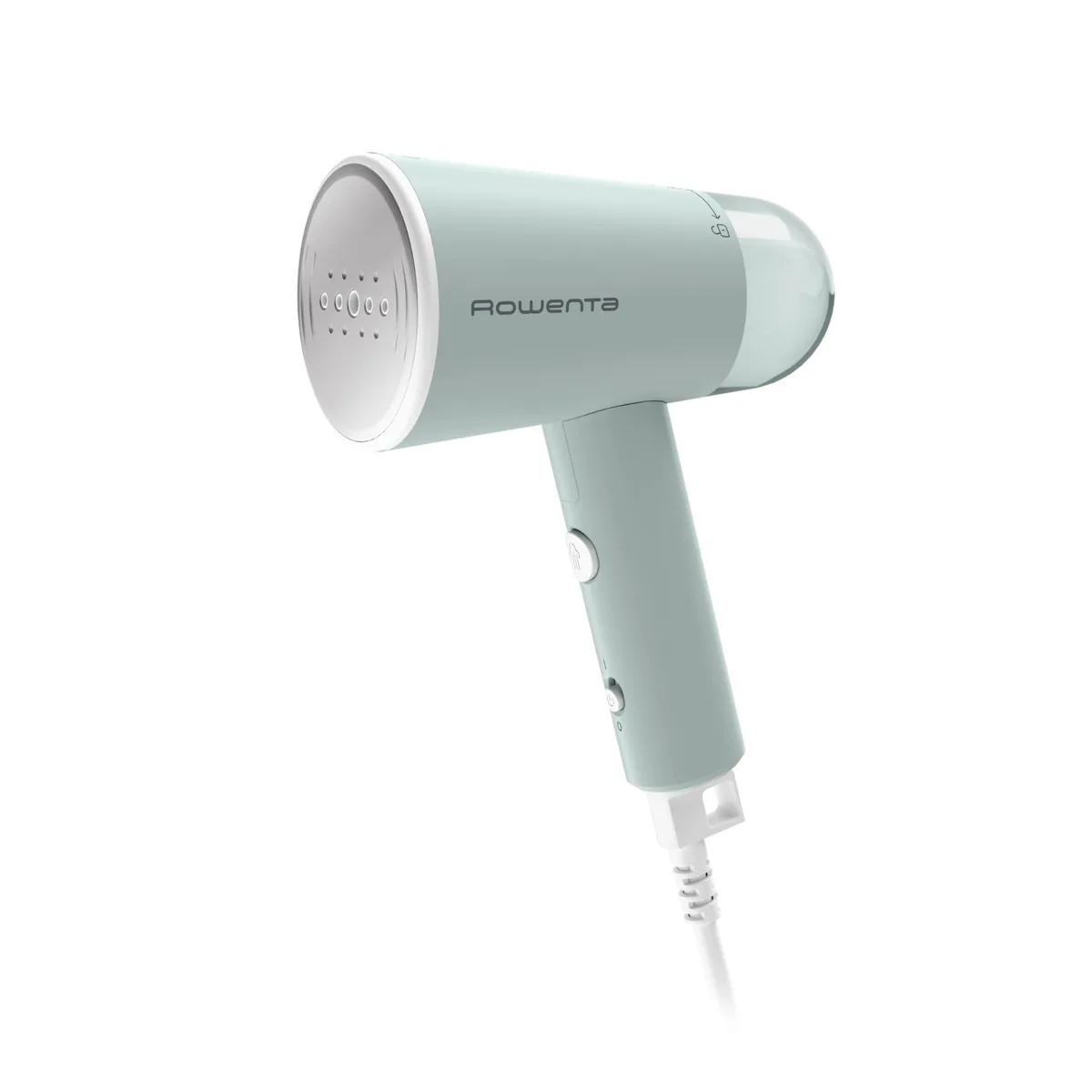 White foldable handheld garment steamer with metal steam head, built-in hook and removable water tank