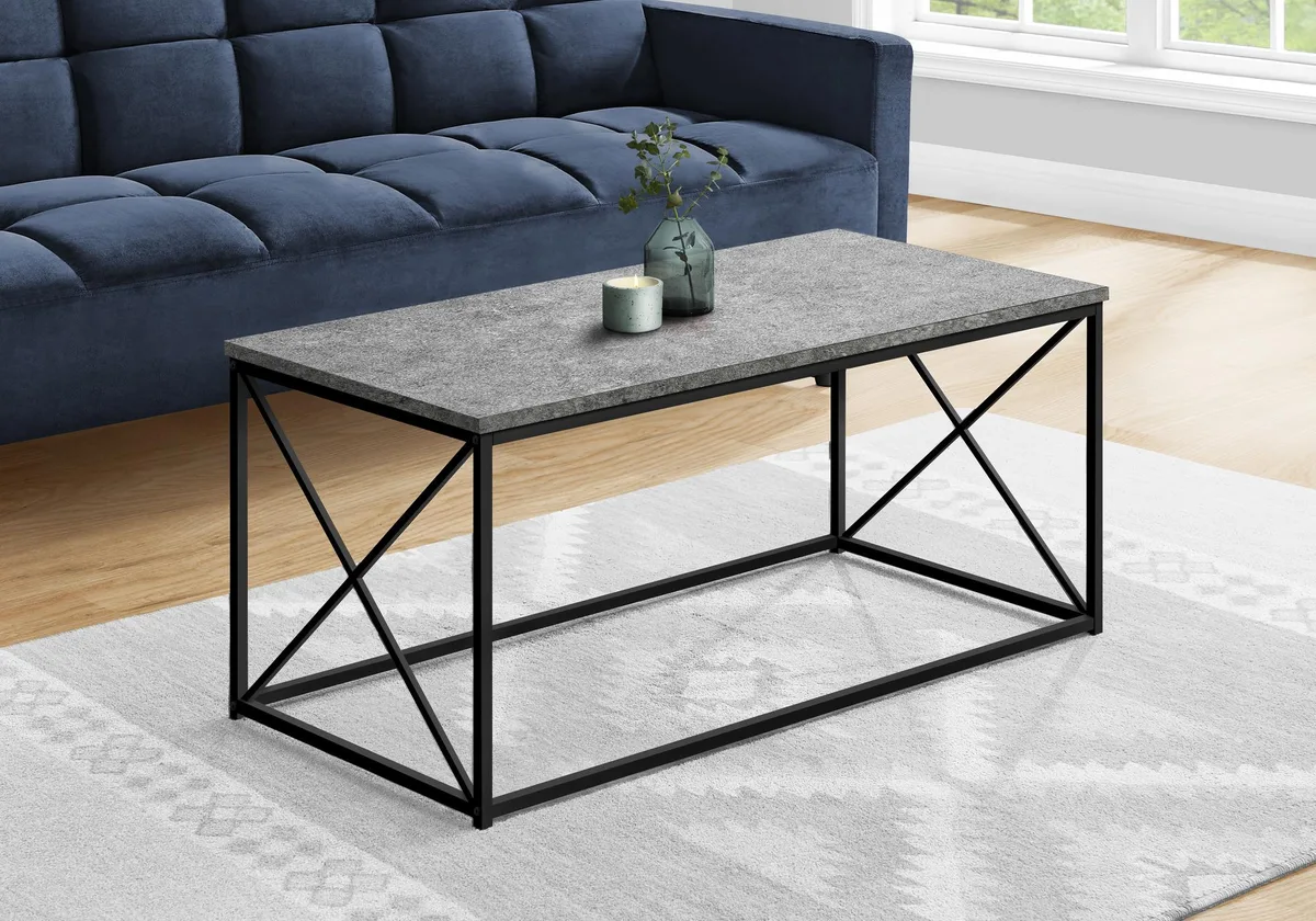 Rectangular grey stone-look top on black metal X frame 40.5 by 20 by 18 inches