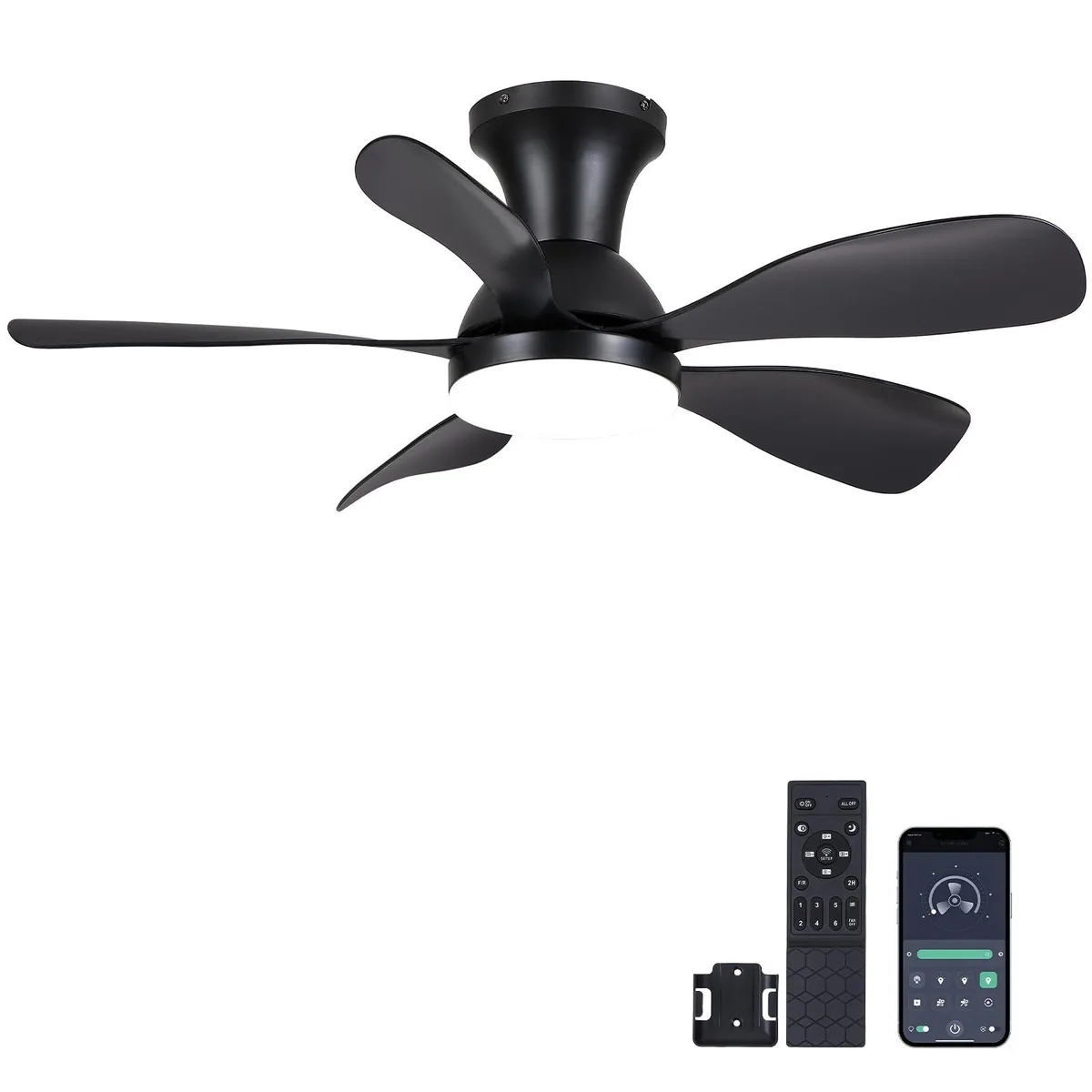 33 inch black low-profile ceiling fan with five silver blades and integrated light