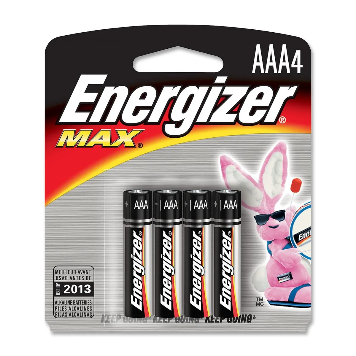 Four silver AAA alkaline batteries in clear blister packaging