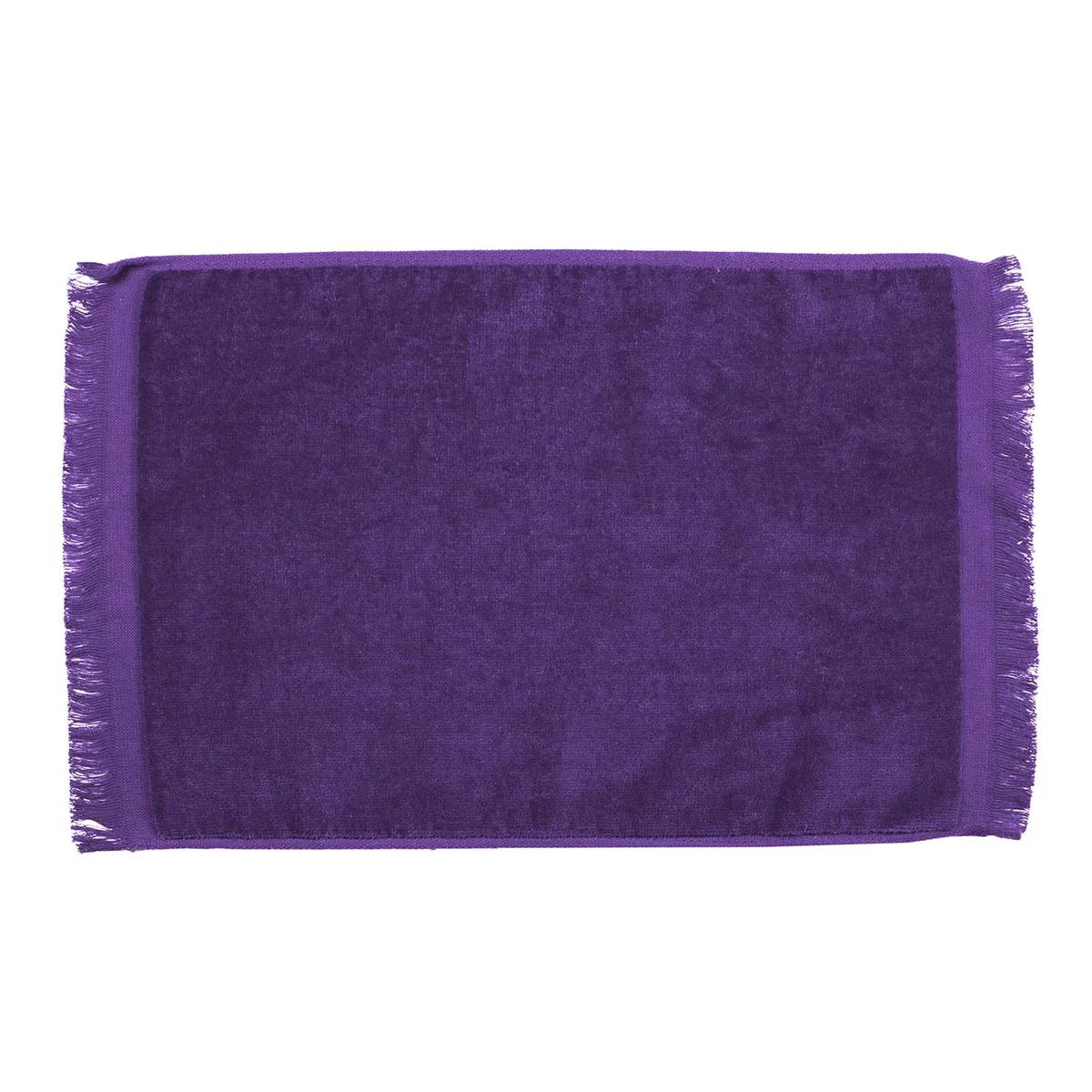 Small purple velour towel with fringed edges and metal grommet hook