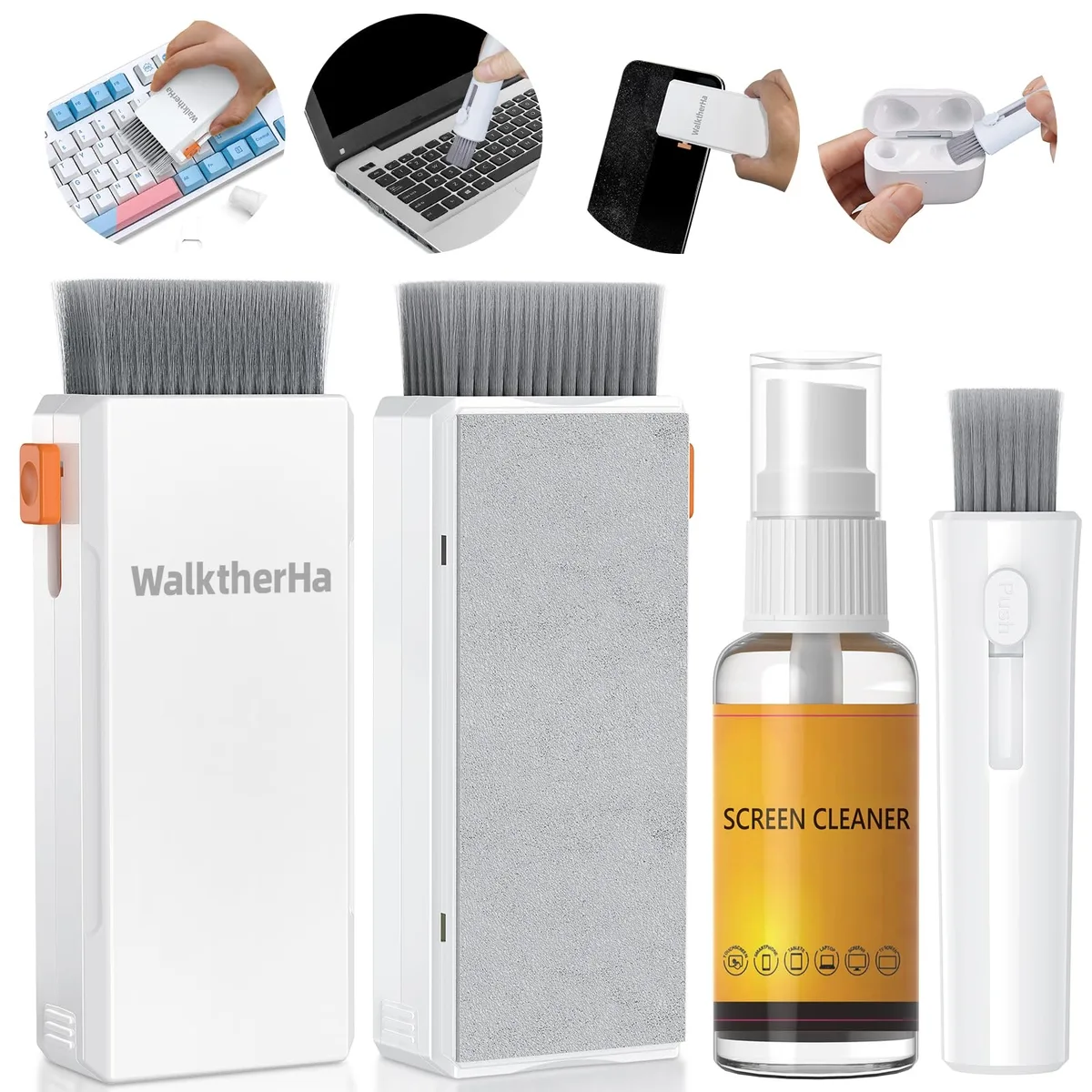White cleaning kit with spray bottle, brushes and microfiber pads
