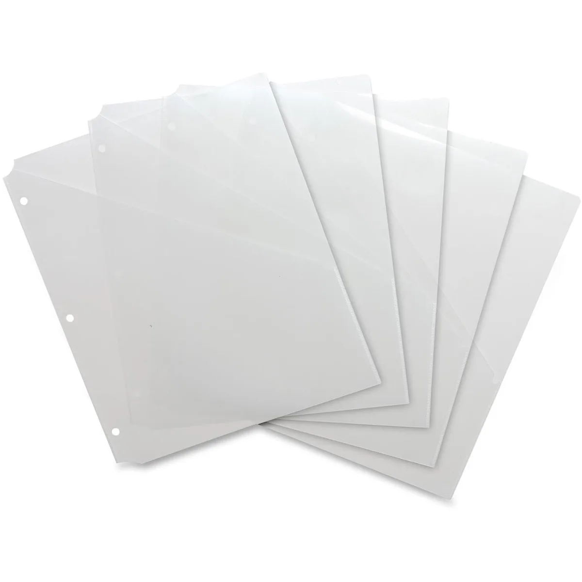 Clear polypropylene binder pockets with three-hole punched edge, pack of five