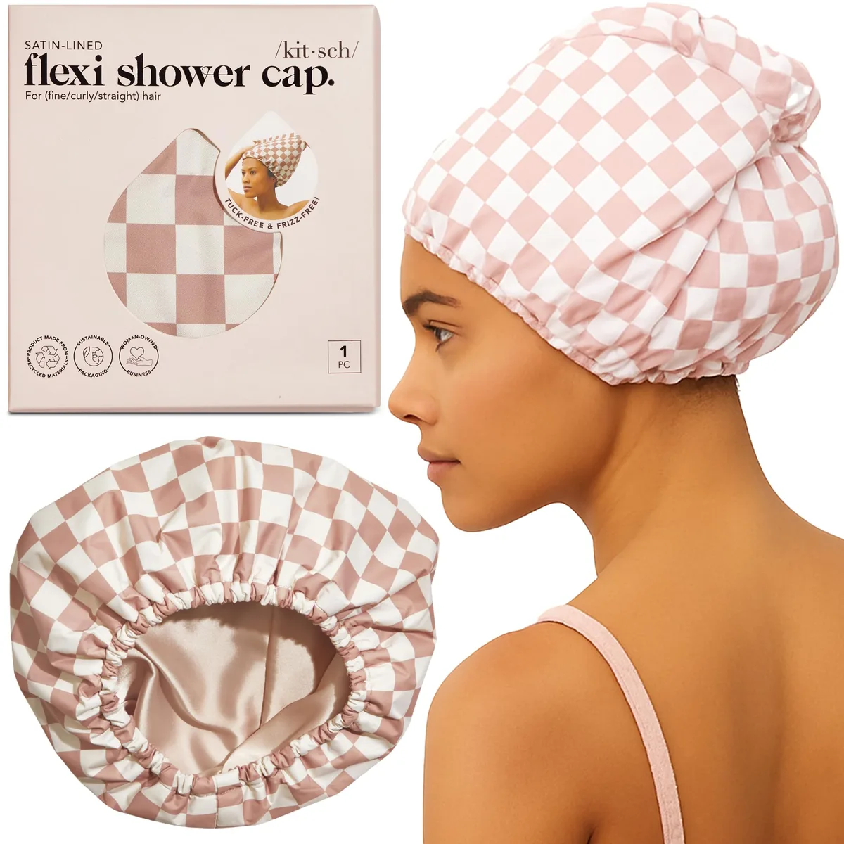 Kitsch 61418 Satin-Lined Flexi Shower Cap Terracotta Checker Size S — product photo