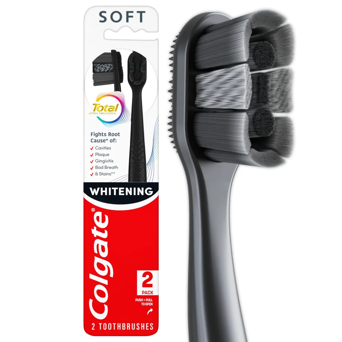 Two black soft-bristle toothbrushes with charcoal bristles in white packaging
