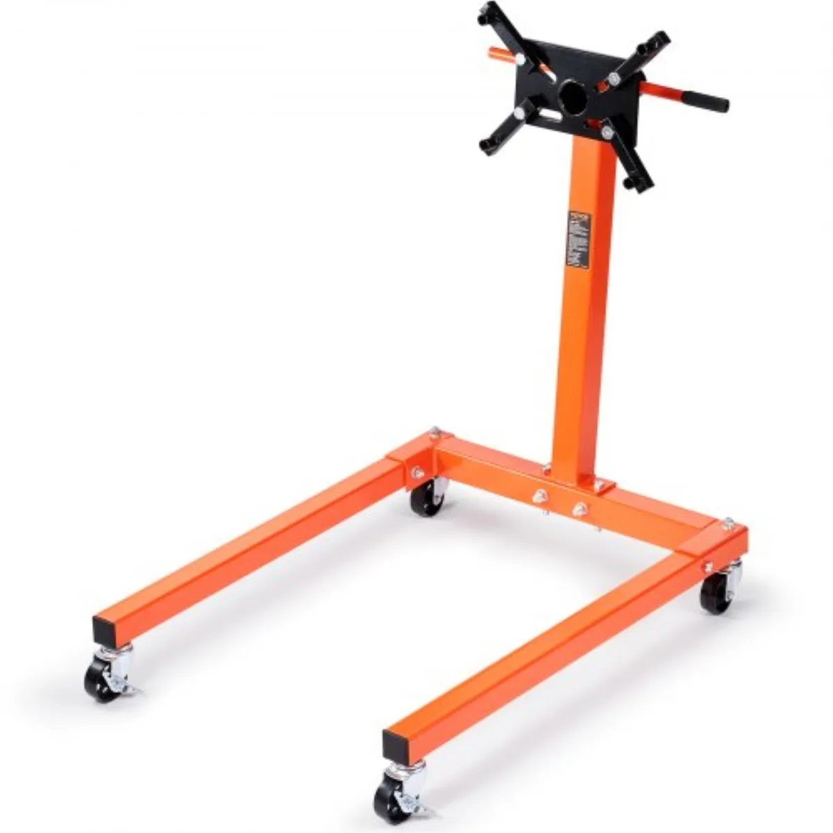 Red steel engine stand, U-shaped base, four casters, four adjustable arms, 360-degree rotating head